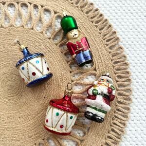 Vintage Mercury Glass Set 4 Christmas Ornaments Drums Nutcracker Soldier Santa